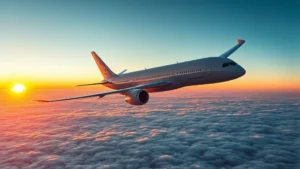 Boeing 787 Dreamliner flying over Pacific Ocean at sunset, clouds below, realistic photography, travel perspective