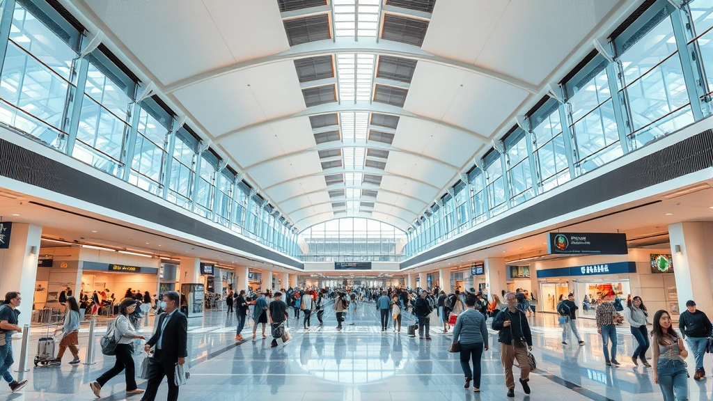 Tokyo Haneda Airport modern terminal interior with passengers, natural lighting, architectural details, bustling airport atmosphere