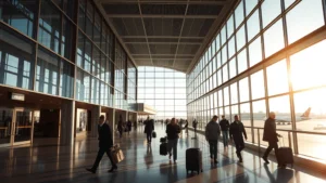 Photorealistic wide-angle view of Seattle-Tacoma International Airport departure level with modern glass architecture, aircraft visible through windows, natural morning light, travelers with luggage walking through terminal