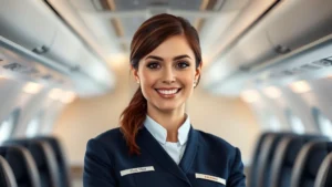 Professional female flight attendant in navy uniform standing in modern aircraft cabin, perfectly groomed hair and makeup, confident posture, warm smile, cabin interior blurred background, natural lighting from aircraft windows, photorealistic high quality