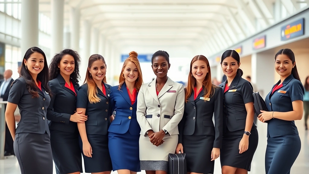 Diverse group of flight attendants of different genders and ethnicities in contemporary airline uniforms standing together in airport terminal, professional presentation, modern fashion, natural daylight, contemporary setting, photorealistic