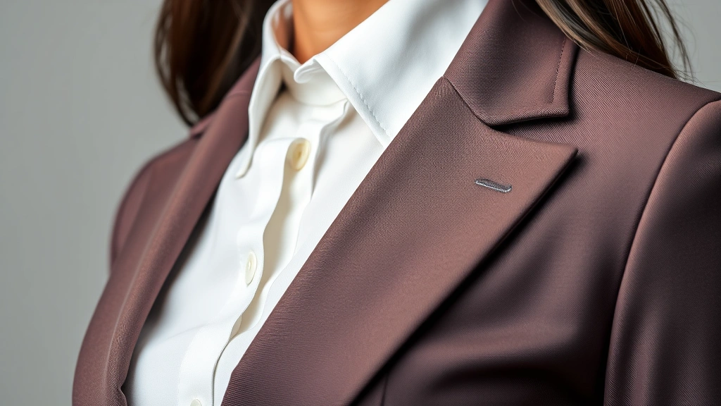 Close-up detail of flight attendant uniform showing tailored jacket, professional grooming, polished appearance, quality fabric texture, neutral background, professional photography style, emphasizing elegance and craftsmanship