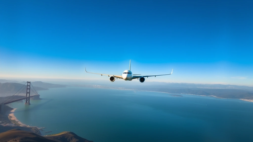 Aerial view of San Francisco Bay with Golden Gate Bridge and commercial aircraft approaching runway, California coastline visible below