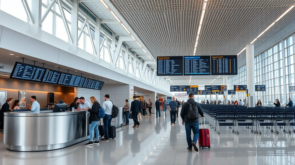 Modern airport terminal interior with travelers checking in at counter, departure boards, and security checkpoint area visible, professional travel environment