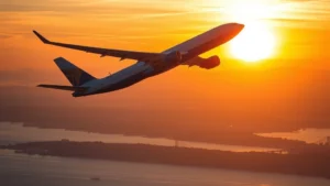 Modern commercial aircraft ascending into golden sunset sky over San Francisco Bay, wings banking upward with city skyline faintly visible below
