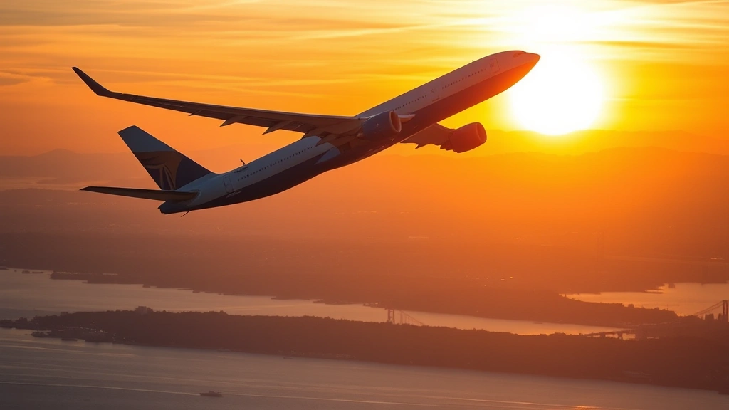 Modern commercial aircraft ascending into golden sunset sky over San Francisco Bay, wings banking upward with city skyline faintly visible below