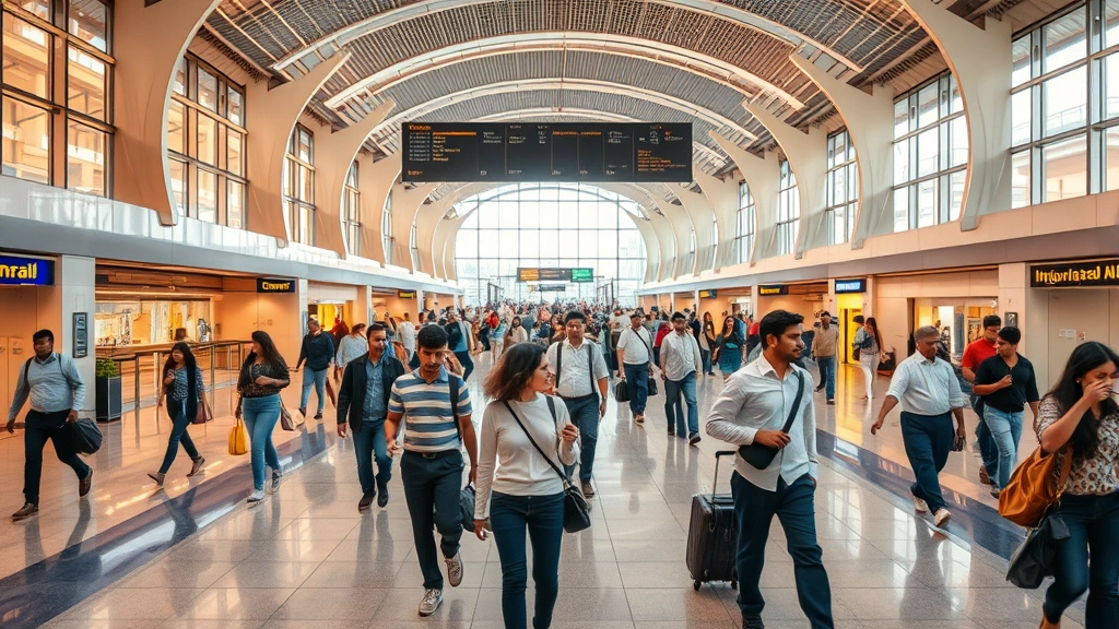 Bustling Delhi airport terminal interior with diverse international travelers walking through modern architecture, warm lighting reflecting off polished floors