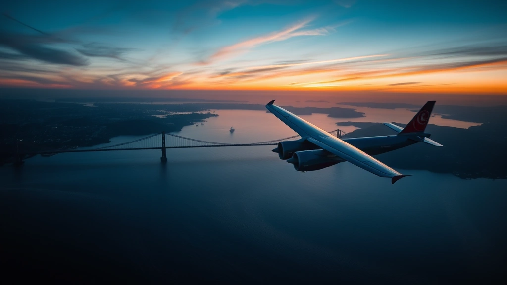 Aerial view of San Francisco Bay with Golden Gate Bridge visible, commercial airplane flying over water toward the coast at sunset, realistic photography