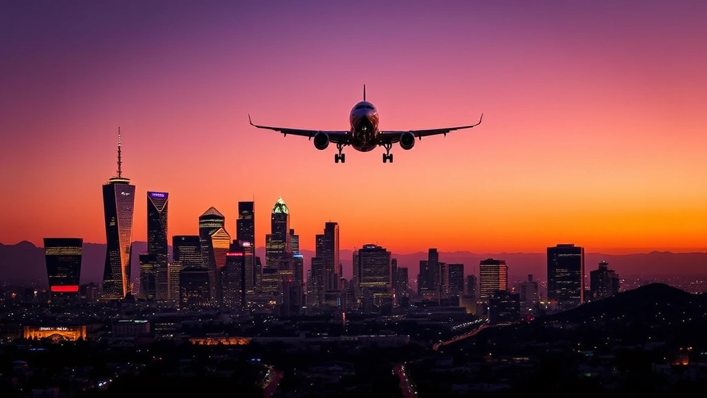 Los Angeles skyline at dusk with downtown buildings illuminated, airplane descending toward LAX airport with landing gear visible, golden hour lighting