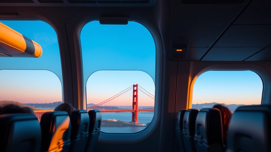 Modern airplane cabin interior during flight with San Francisco Golden Gate Bridge visible through window at sunset, warm golden light, passengers comfortable in seats, photorealistic travel photography