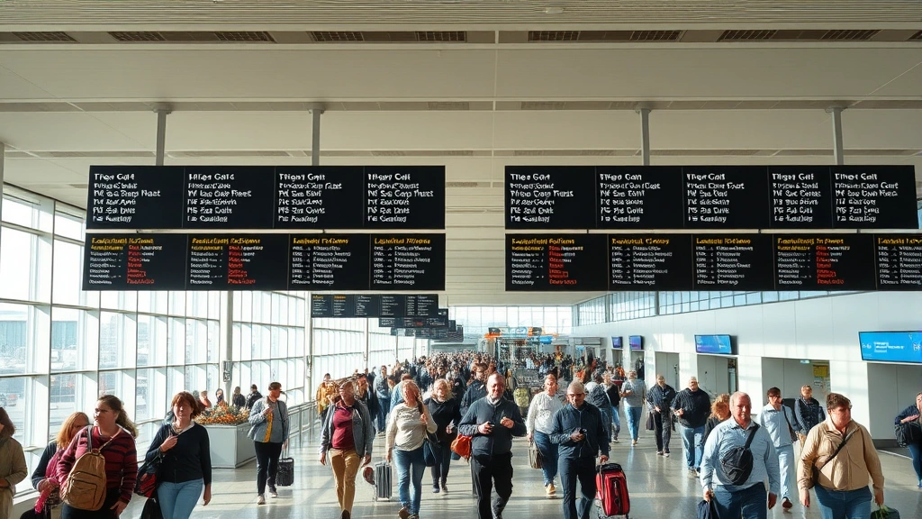 Busy London Gatwick Airport terminal departure hall with travelers walking, flight information boards showing destinations, natural daylight from windows, diverse passengers with luggage, authentic airport atmosphere
