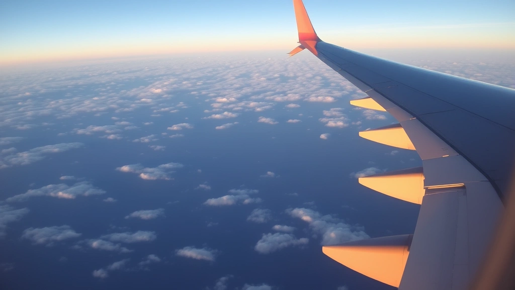 Aerial view of transatlantic flight path at cruising altitude, wing of aircraft visible, Atlantic Ocean below with scattered clouds, sunrise or sunset light, peaceful long-haul flight moment