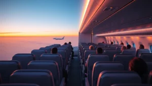 Modern Boeing 787 Dreamliner cabin interior with rows of seats, warm lighting, and passengers relaxing during long flight over Pacific Ocean at dusk, photorealistic commercial aircraft environment