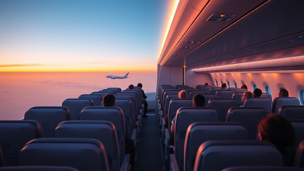 Modern Boeing 787 Dreamliner cabin interior with rows of seats, warm lighting, and passengers relaxing during long flight over Pacific Ocean at dusk, photorealistic commercial aircraft environment