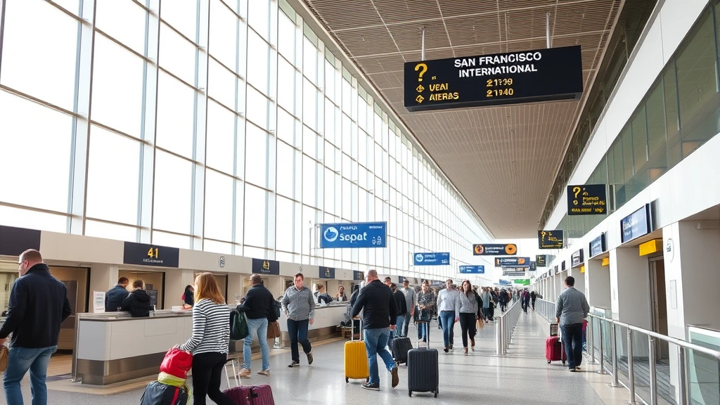 San Francisco International Airport departure terminal with global travelers checking luggage at counters, modern architecture with natural light, bustling international travel scene