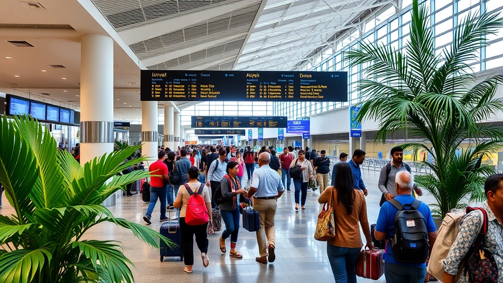 Mumbai Indira Gandhi International Airport arrivals area with diverse travelers collecting baggage, tropical plants, modern terminal design, welcoming atmosphere for international passengers