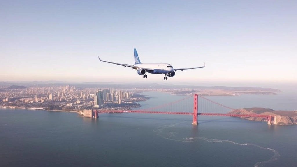 Aerial view of San Francisco Bay with Golden Gate Bridge visible, modern city skyline in background, daytime clear weather, commercial airplane in flight approaching the bay
