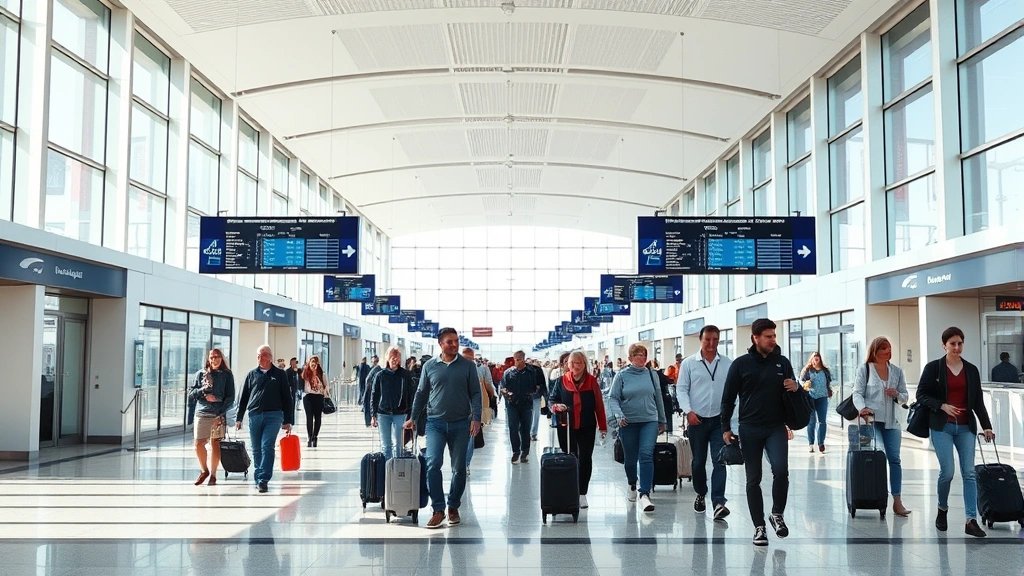Inside modern airport terminal with travelers walking through bright corridor, departure boards visible in background, natural lighting from large windows, diverse passengers with luggage moving through spacious concourse