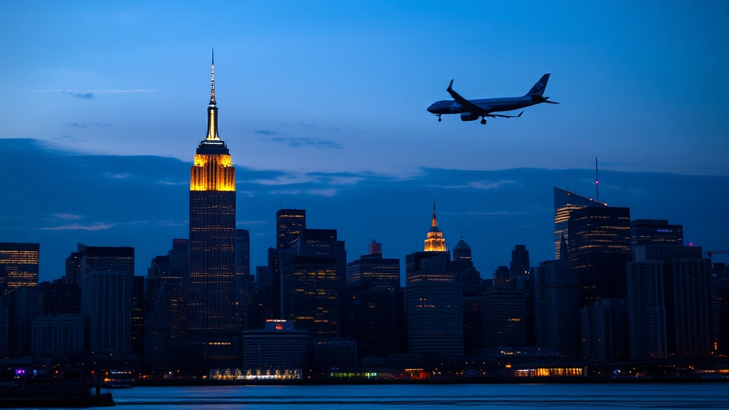 New York City skyline at dusk with Empire State Building and Manhattan buildings illuminated, Hudson River in foreground, commercial airplane approaching over the city lights, twilight sky