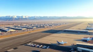 Aerial view of Salt Lake City International Airport with snow-capped mountains in background, early morning light, tarmac with aircraft