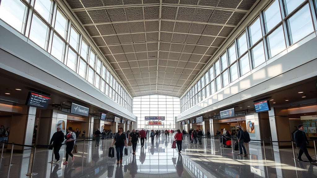 Denver International Airport terminal interior, modern architecture, travelers walking through departure area, natural light from windows