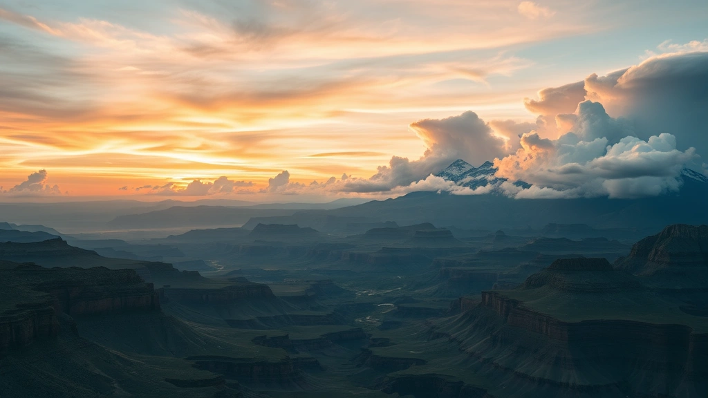 Mountain range landscape between Utah and Colorado, scenic aerial view of Rocky Mountains at sunset, dramatic clouds
