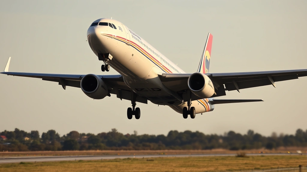 Commercial aircraft in emergency descent approach with landing gear extended, viewed from ground level during daylight, showing precision flight control and emergency procedures