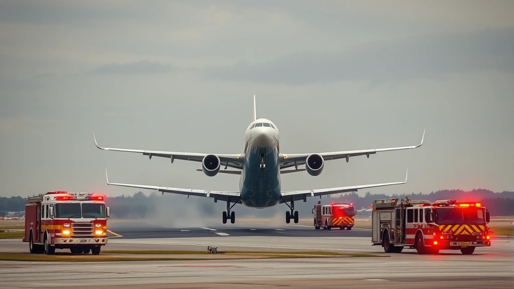 Aircraft landing on runway during emergency with fire trucks and emergency vehicles standing by on tarmac, demonstrating airport emergency response coordination