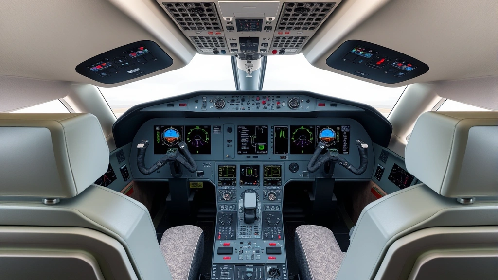 Modern aircraft cockpit interior showing advanced avionics displays, engine monitoring systems, and crew communication equipment with multiple digital screens and instruments