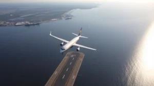 Aerial view of Charleston harbor with commercial aircraft descending toward airport runway, morning light, coastal landscape visible