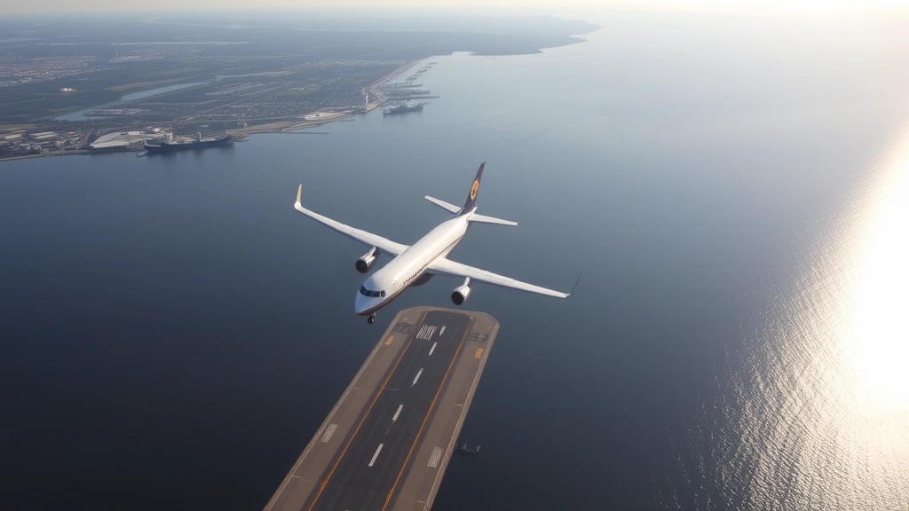 Aerial view of Charleston harbor with commercial aircraft descending toward airport runway, morning light, coastal landscape visible