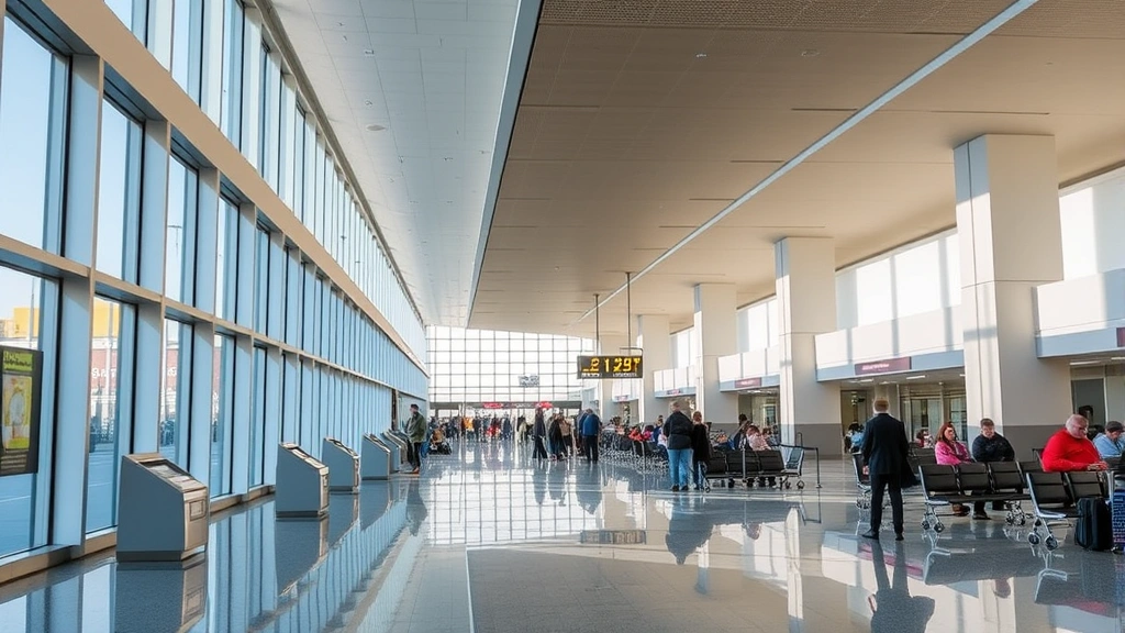 Greenville-Spartanburg airport terminal interior with passengers waiting at gates, modern architecture, bright natural lighting