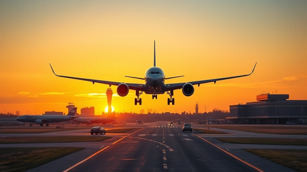 Modern commercial aircraft landing at St. Louis Lambert International Airport during golden hour sunset, runway approach with terminal buildings visible in background, realistic aviation photography