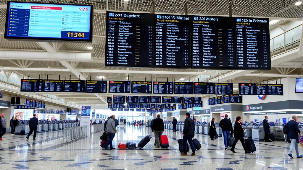 Inside airport terminal departure hall showing departure boards and travelers with luggage, multiple airline counters visible, bustling airport atmosphere during daytime