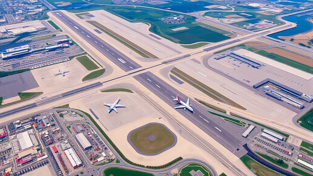 Aerial view of St. Louis Lambert International Airport showing runways, taxiways, and aircraft positioned at gates, overhead perspective showing airport infrastructure and surrounding landscape