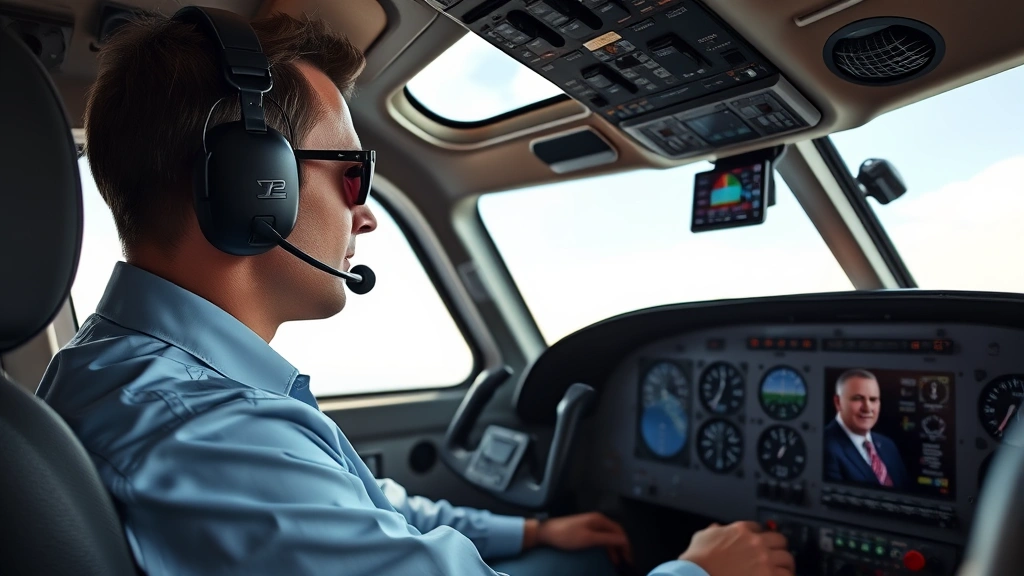 Professional pilot in cockpit wearing headset, focused on instrument panel during flight operations, realistic aircraft controls visible, natural lighting from windscreen showing sky