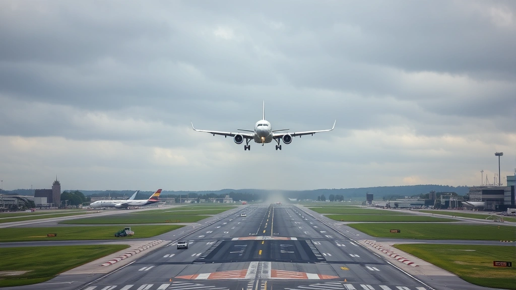 Modern aircraft landing at Nashville International Airport during overcast conditions, dual runways visible, ground support vehicles present, realistic aviation photography