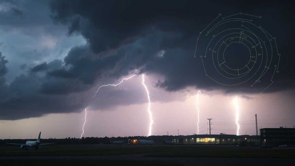 Severe thunderstorm approaching airport with dark clouds and lightning, weather radar display showing storm cells, dramatic but photorealistic meteorological conditions