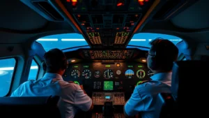 Cockpit interior with pilots monitoring instrument panels during flight operations, realistic lighting and detailed gauges, professional aviation environment
