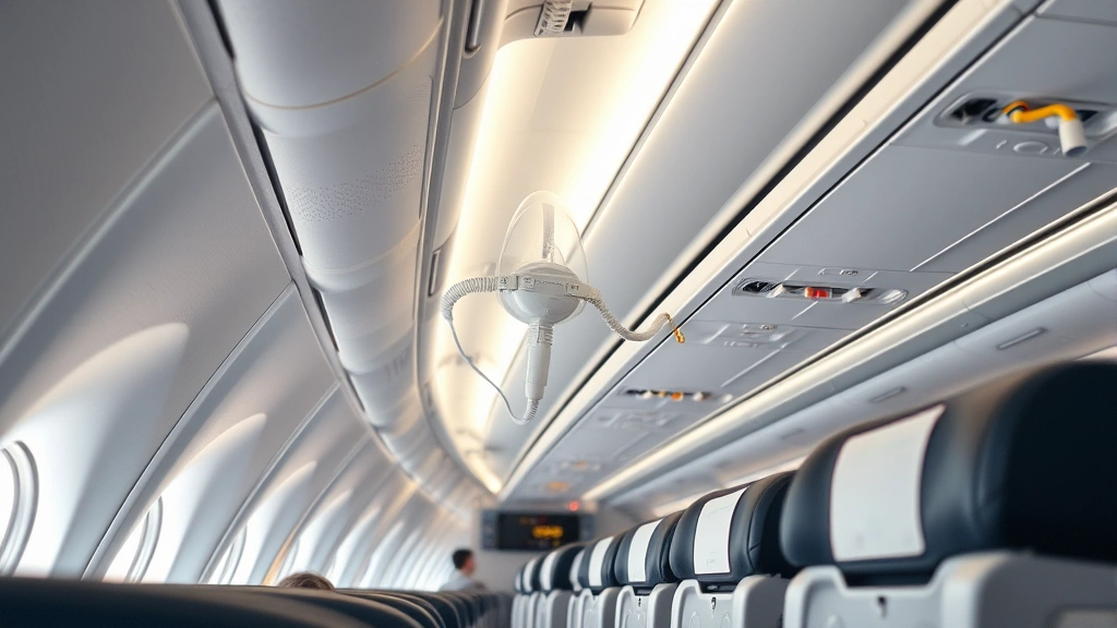 Aircraft cabin interior with passenger seating, oxygen mask deployment demonstration, safety equipment visible, realistic airline cabin environment