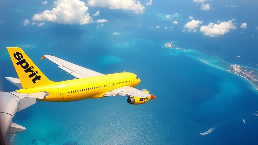 Aerial view of Spirit Airlines Airbus A320 aircraft in flight over turquoise Caribbean waters with Haiti coastline visible below, morning sunlight illuminating the wing