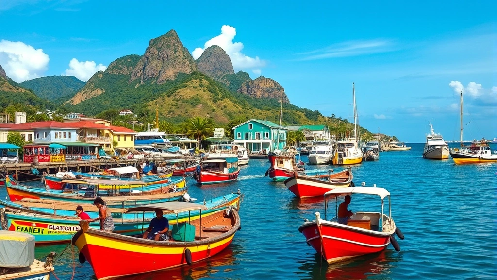 Bustling Port-au-Prince harbor with colorful fishing boats, mountain backdrop, and tropical vegetation, vibrant Caribbean atmosphere without text or signs