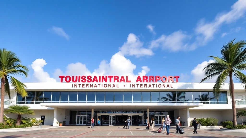Toussaint Louverture International Airport terminal exterior with modern architecture, palm trees, blue sky, travelers with luggage approaching entrance