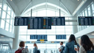 Modern airport terminal with digital flight information displays showing Copa Airlines departures, passengers checking phones for flight tracking information, bright natural lighting from large windows, contemporary airport architecture with clean lines
