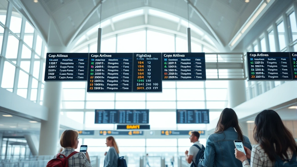 Modern airport terminal with digital flight information displays showing Copa Airlines departures, passengers checking phones for flight tracking information, bright natural lighting from large windows, contemporary airport architecture with clean lines