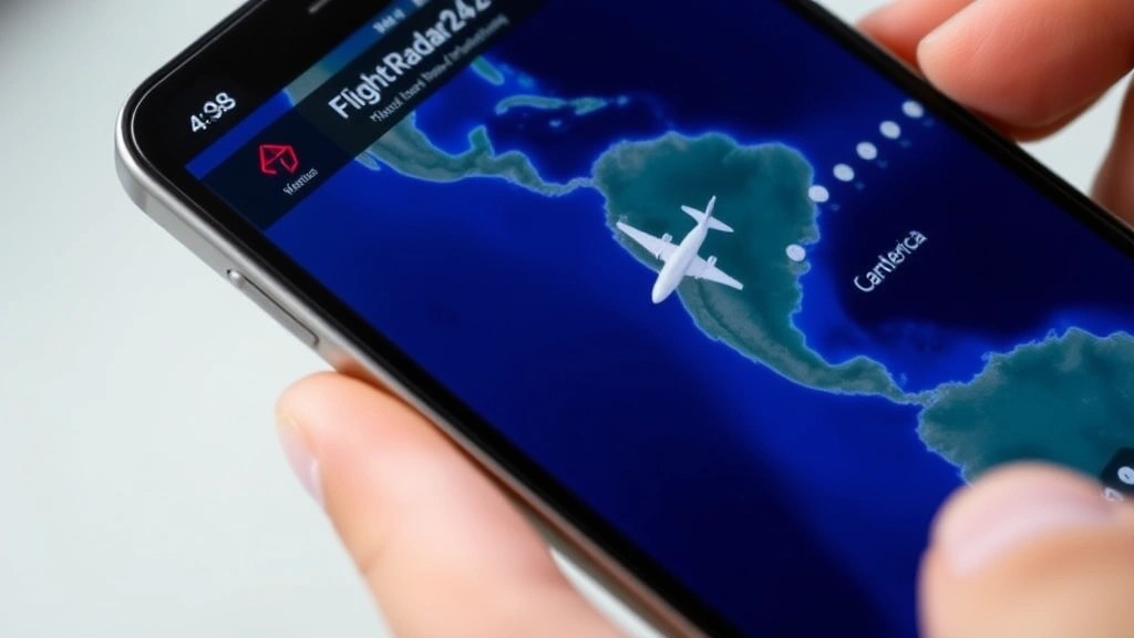 Close-up of smartphone screen displaying real-time flight tracking map with aircraft icon flying over Central America, FlightRadar24 or similar tracking interface visible, hands holding phone with blue ocean background visible on map