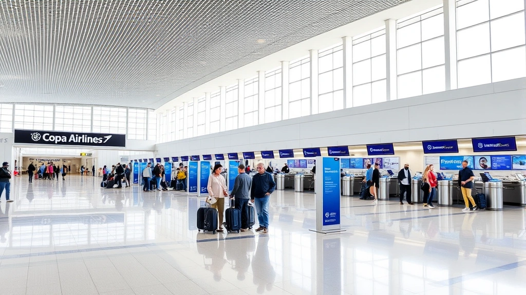 Panama City Tocumen International Airport terminal interior with Copa Airlines branding, modern departure hall with passengers at check-in counters and information desks, contemporary airport design with natural light, busy but organized atmosphere