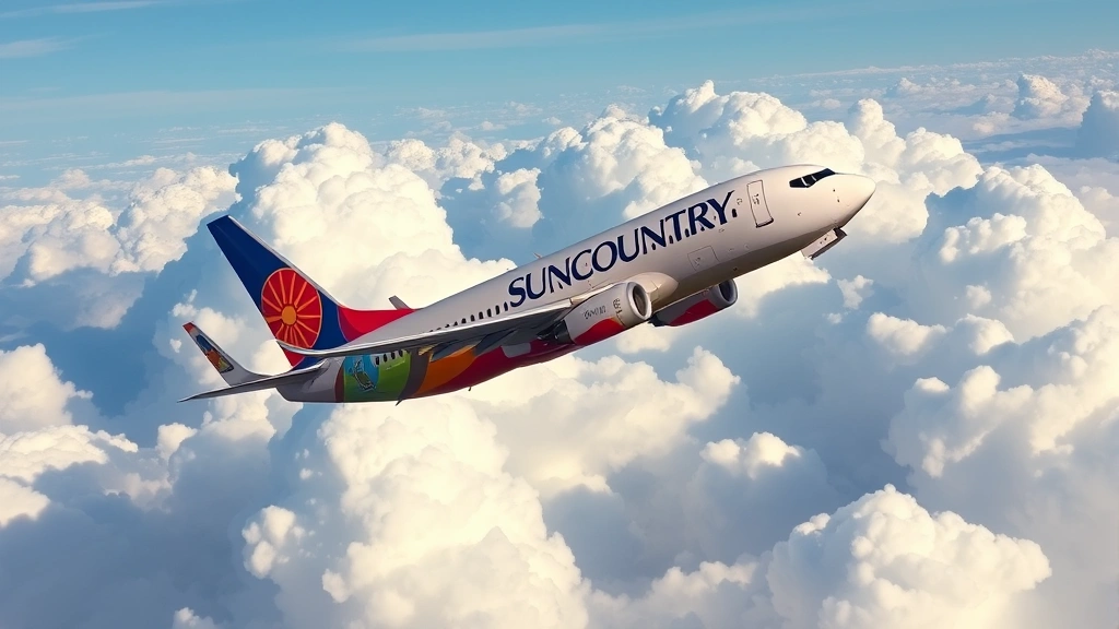 Photorealistic image of a commercial Boeing 737 aircraft in Sun Country Airlines livery banking through white puffy clouds during daytime with blue sky background, showing the aircraft's profile and wing details clearly