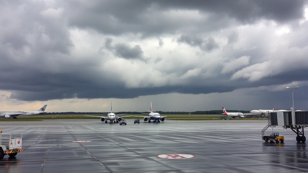 Photorealistic photograph of an airport tarmac during active weather with rain and dark storm clouds overhead, showing ground crew vehicles and runway infrastructure, wet pavement reflecting overcast sky, taken from ground level perspective