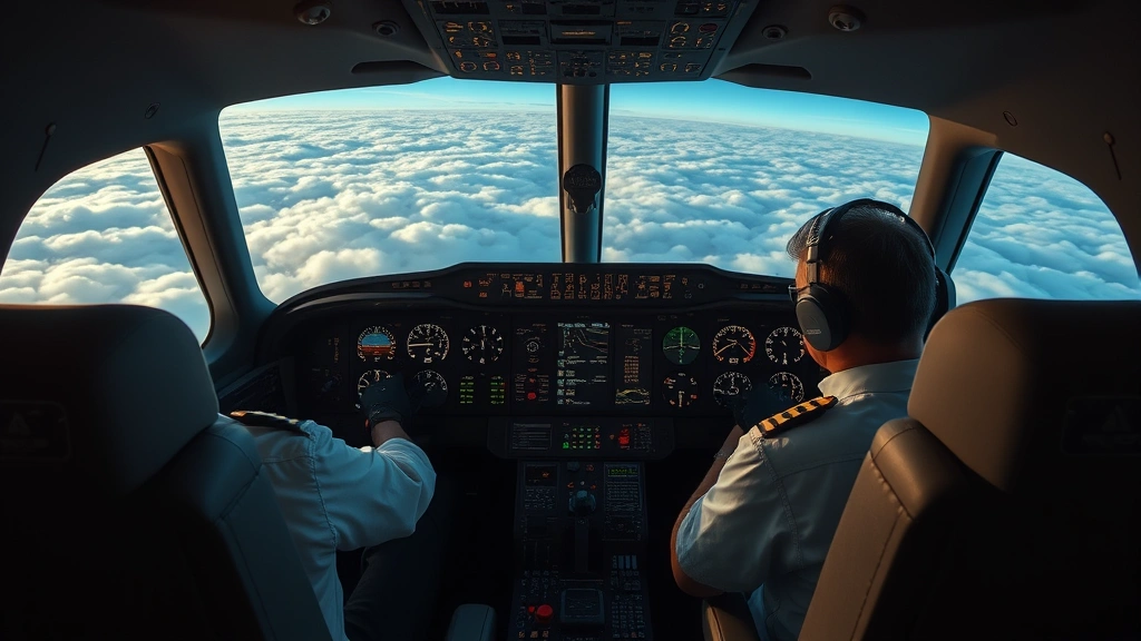 Photorealistic image of an aircraft cockpit interior showing pilot and co-pilot at controls during flight operations, with instrument panels illuminated and windscreen showing clouds ahead, professional aviation environment, daytime lighting